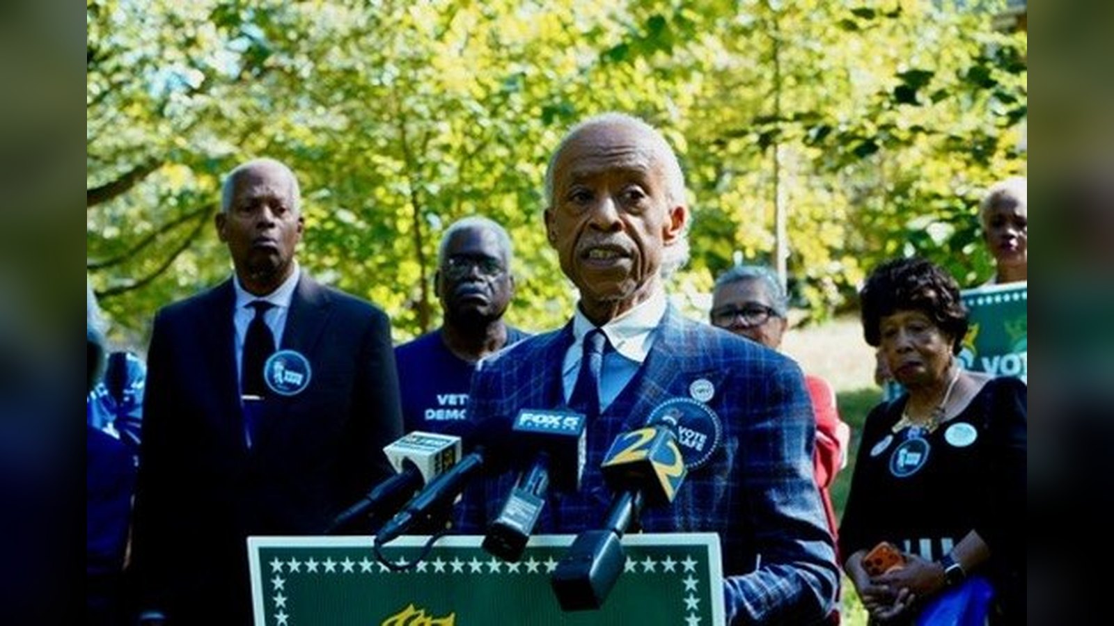 Rev. Al Sharpton speaks at the Vote Safe Georgia press conference in Candler Park, Atlanta