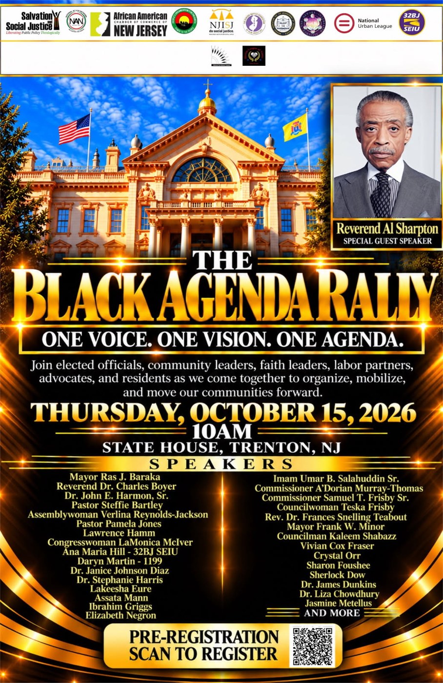 The Black Agenda Rally, Thursday October 15, 2026 at 10 AM, State House, Trenton, NJ. Special guest speaker Rev. Al Sharpton.