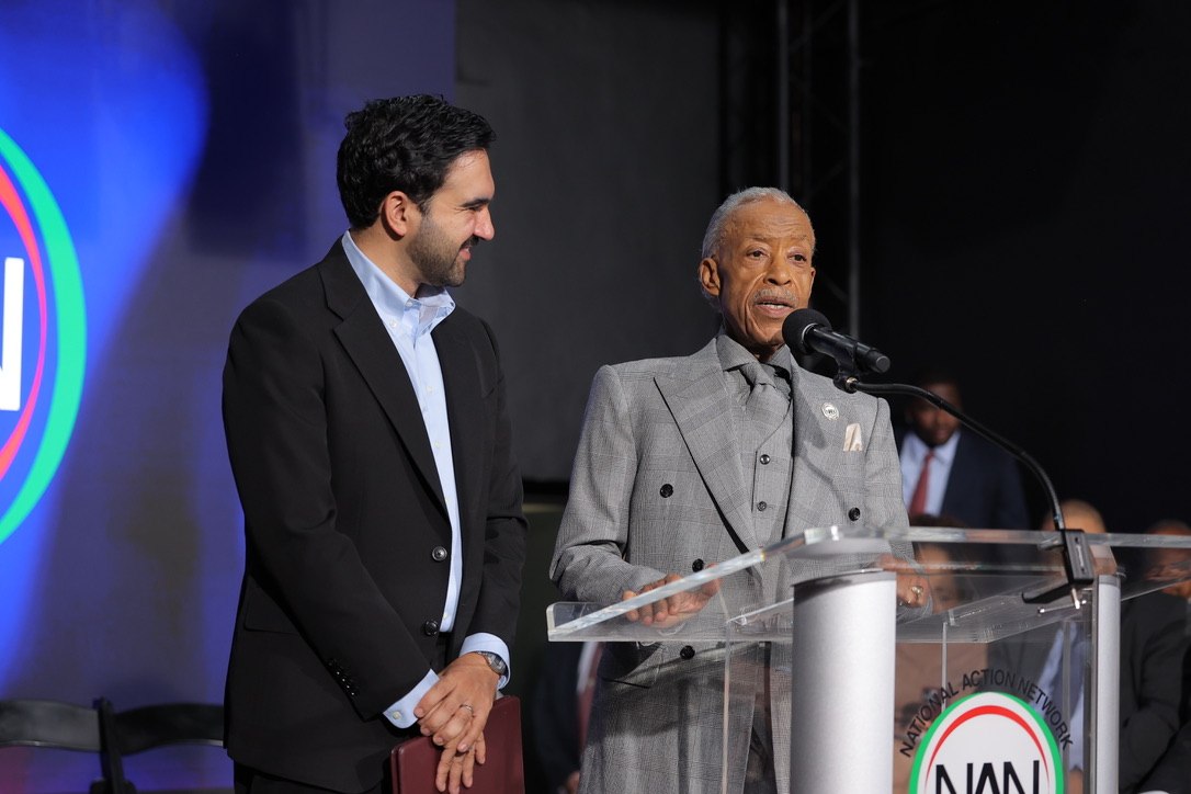 Rev. Al Sharpton and Mayor Zohran Mamdani together at the House of Justice podium