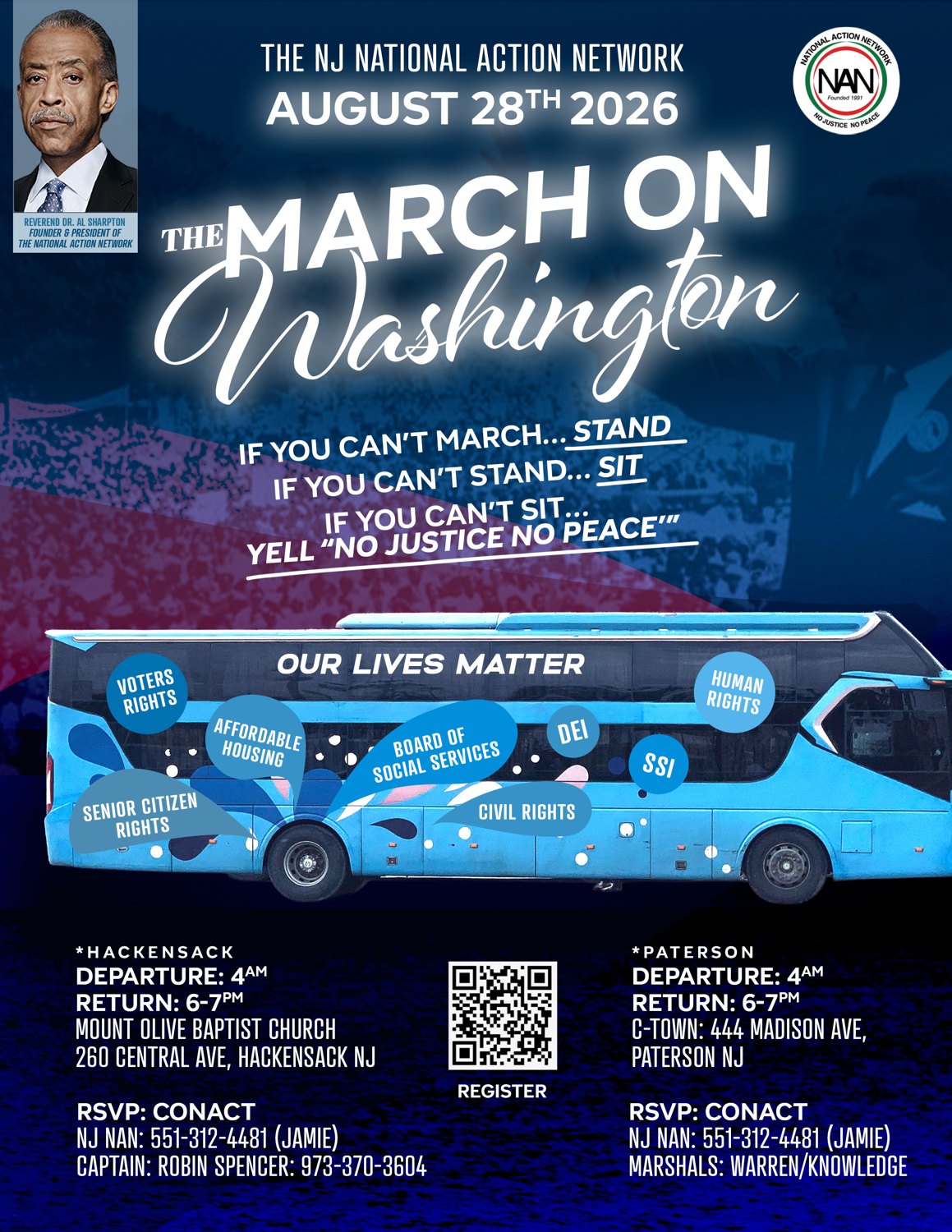 NJ National Action Network March on Washington bus trip flyer — Friday, August 28, 2026, departures from Hackensack and Paterson, NJ