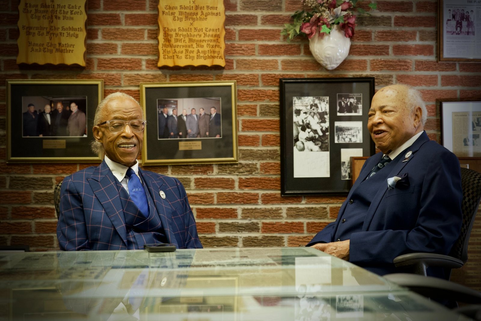 Rev. Al Sharpton and Bishop Caviness sit and talk at Greater Abyssinia Baptist Church
