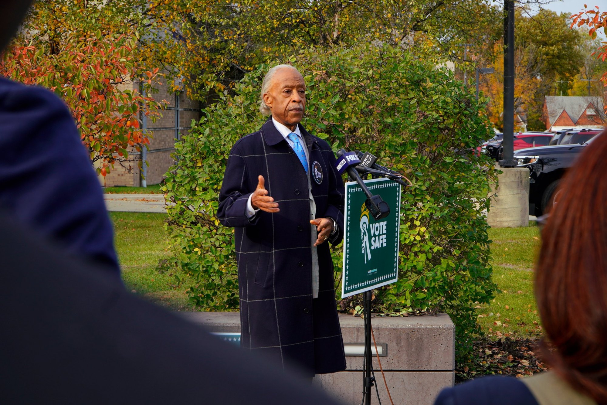 Rev. Al Sharpton at the Vote Safe Michigan podium at Wayne County Community College