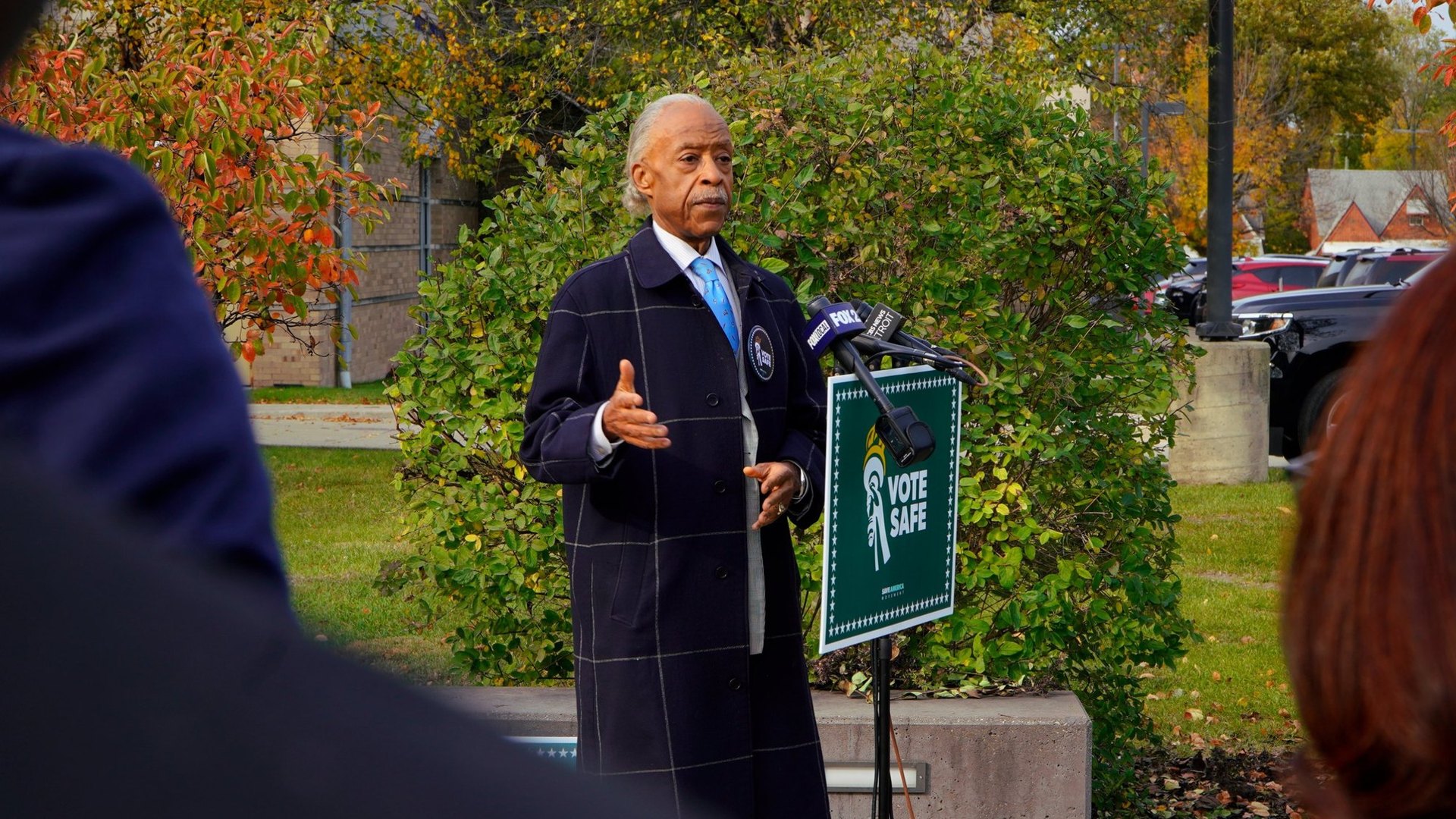 Rev. Al Sharpton speaks at the Vote Safe Michigan press conference at Wayne County Community College, Detroit