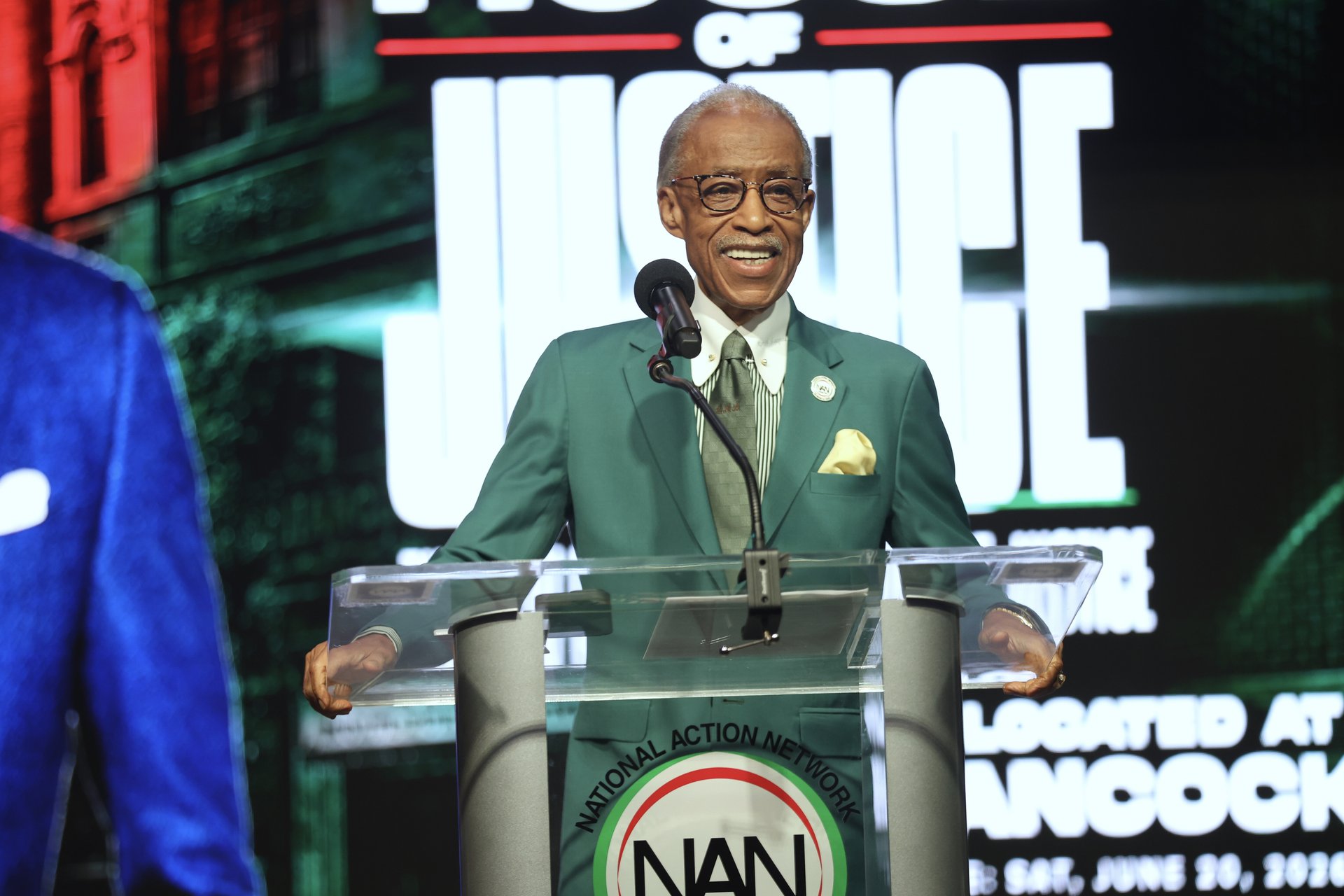 Rev. Al Sharpton addresses the first rally in the new House of Justice, Harlem