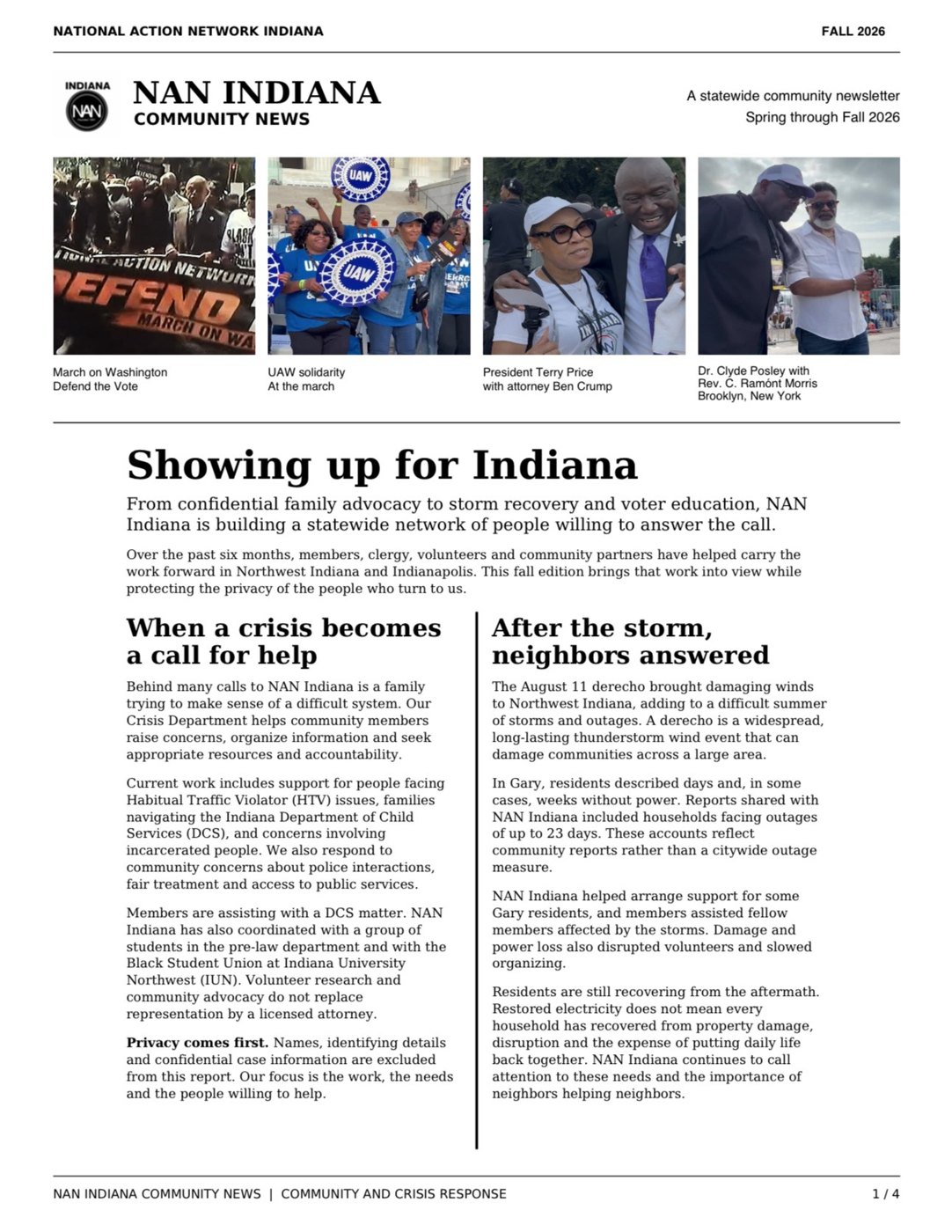 NAN Indiana Community News Fall 2026 Newsletter cover, Showing Up for Indiana