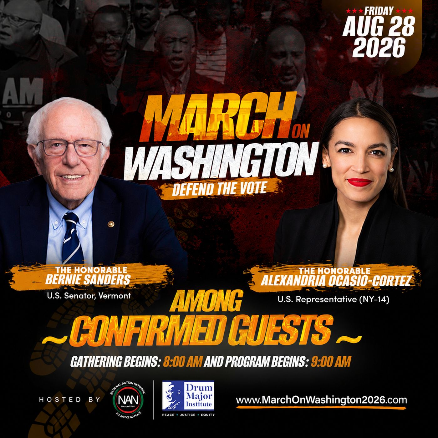 March on Washington 2026: Defend the Vote — Senator Bernie Sanders and Representative Alexandria Ocasio-Cortez among confirmed guests, Friday, August 28, 2026
