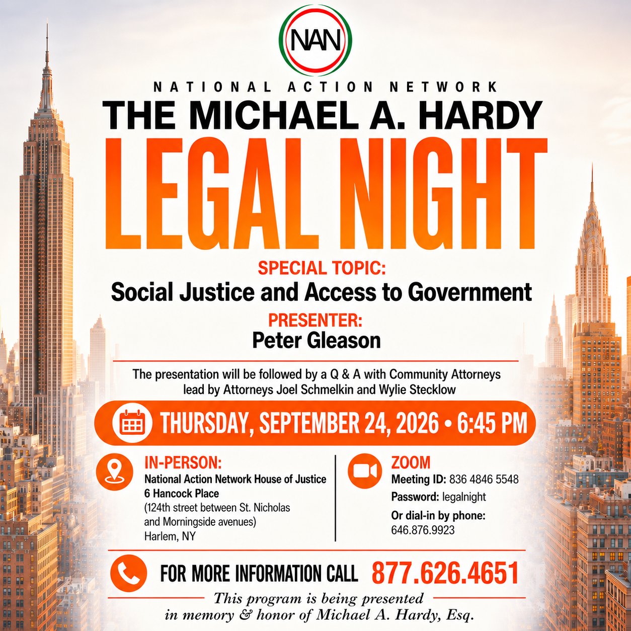 The Michael A. Hardy Legal Night flyer — Thursday, September 24, 2026, 6:45 PM, NAN House of Justice, Harlem, NY