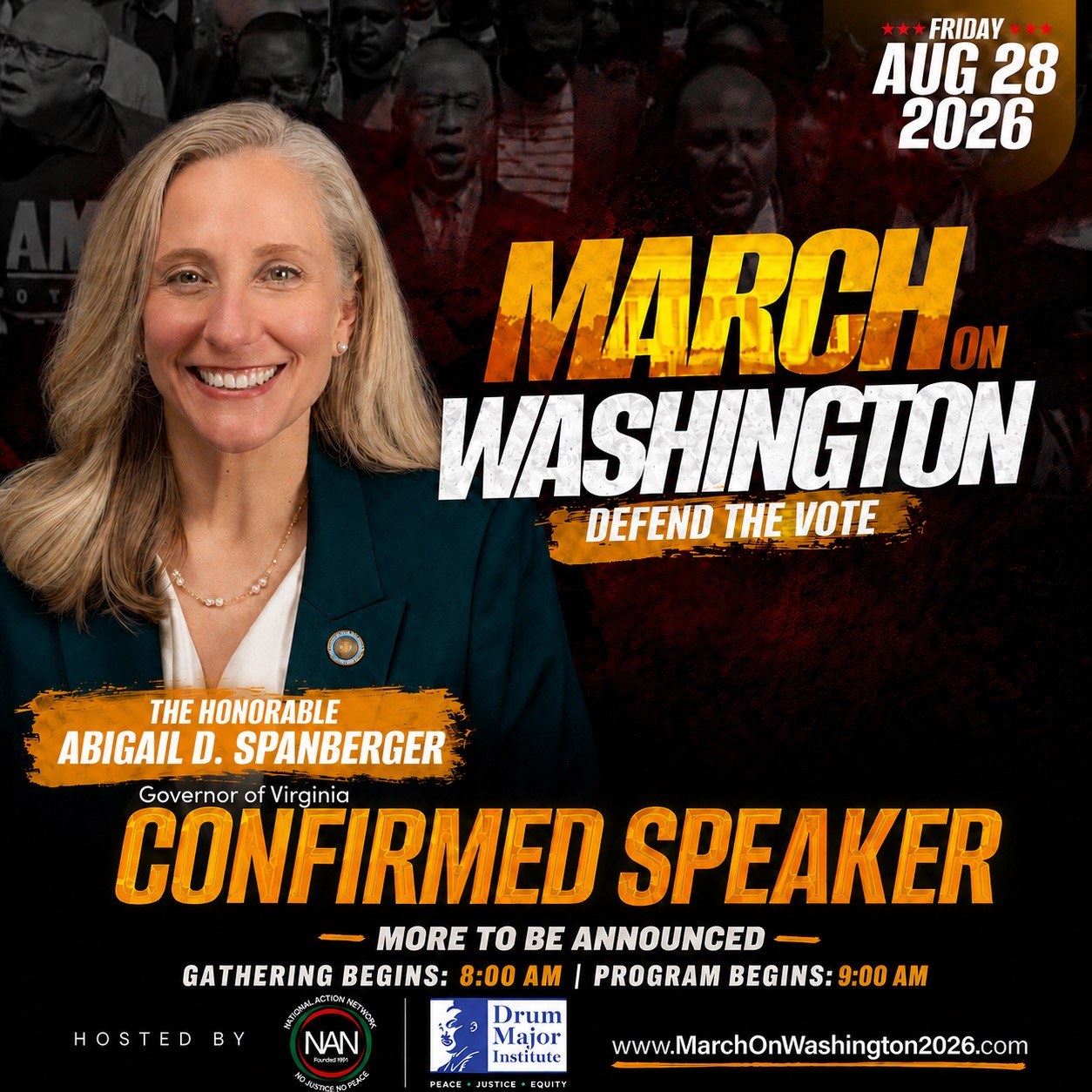 March on Washington 2026: Defend the Vote — Virginia Governor Abigail D. Spanberger confirmed speaker, Friday, August 28, 2026