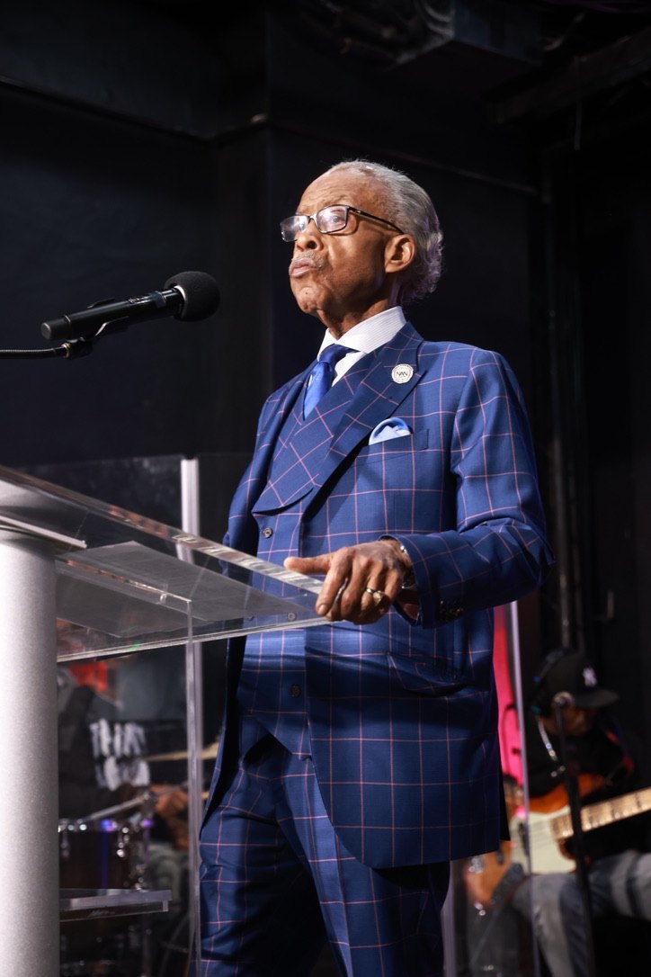 Rev. Al Sharpton at the podium at the Saturday Action Rally at the House of Justice